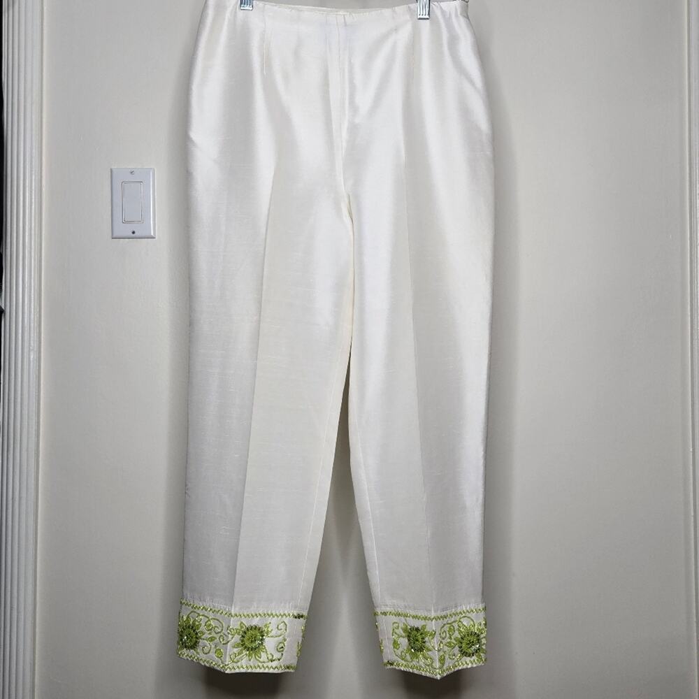 DAVID MEISTER 100% Silk Lined White Capris Pants w/ Green Beaded Cuffs Size 6